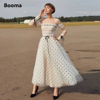 booma polka dots tulle midi prom dresses long sleeves lace ribbons a line formal evening gowns tea length wedding party dresses