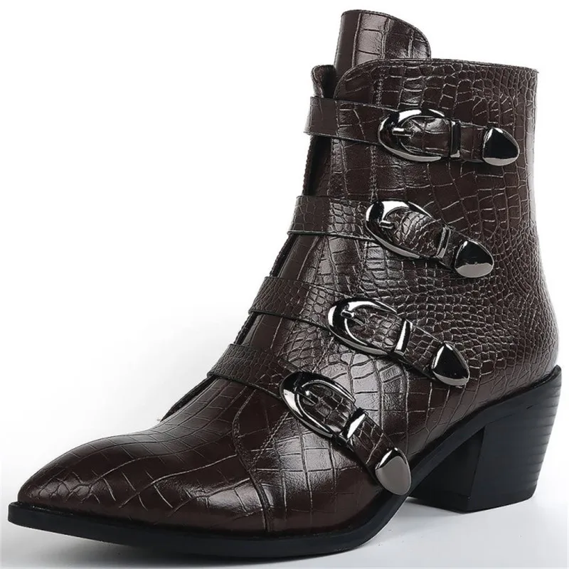 

2020 New Fashion Cowgirl Boots Buckle Women Shoes Western Cowboy Ankle Boots Pointed Toe PU Leather Black Shoes Woman Heel Boots