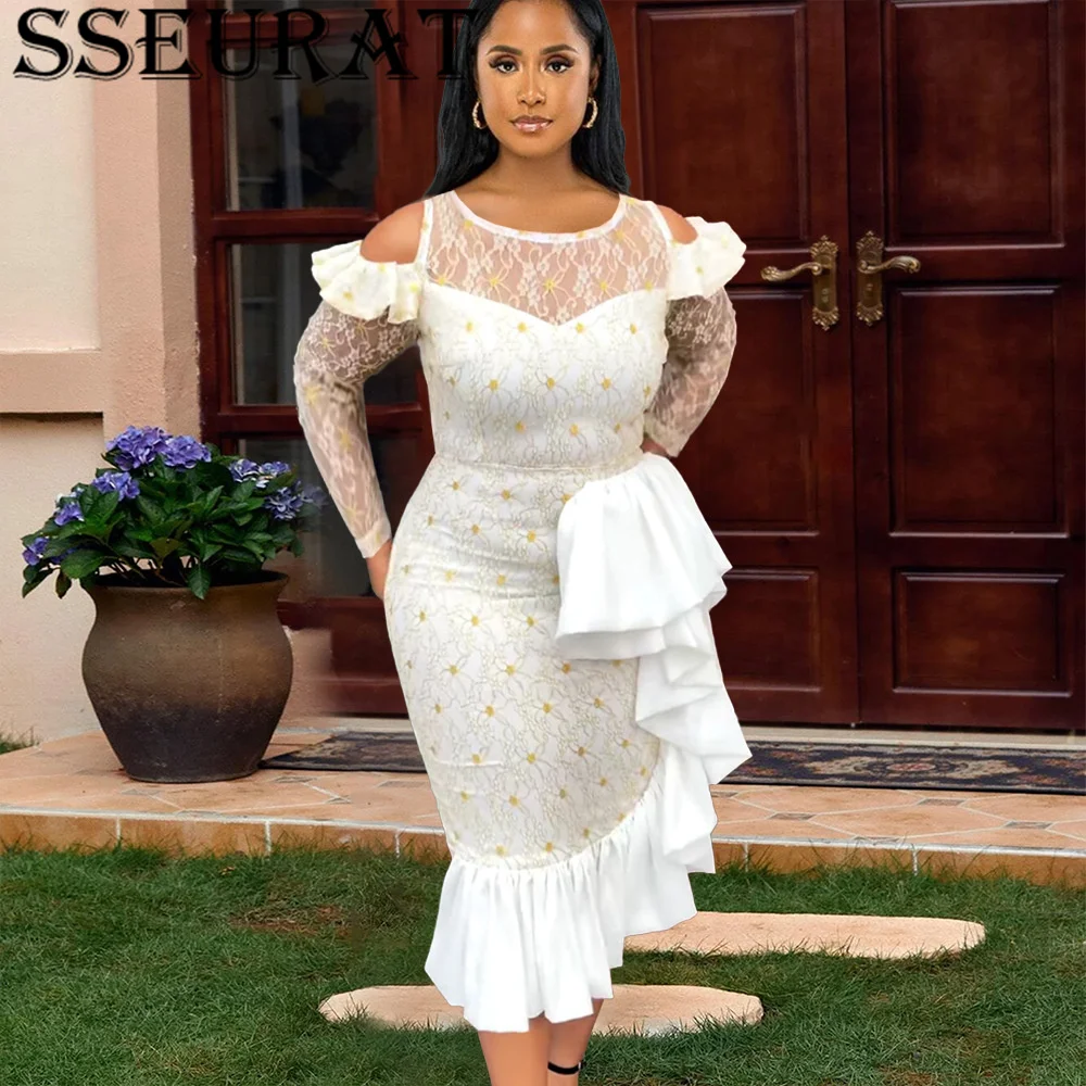 

SSEURAT Women Lace Party Dresses Long Sleeve Sheer Elegant Dress