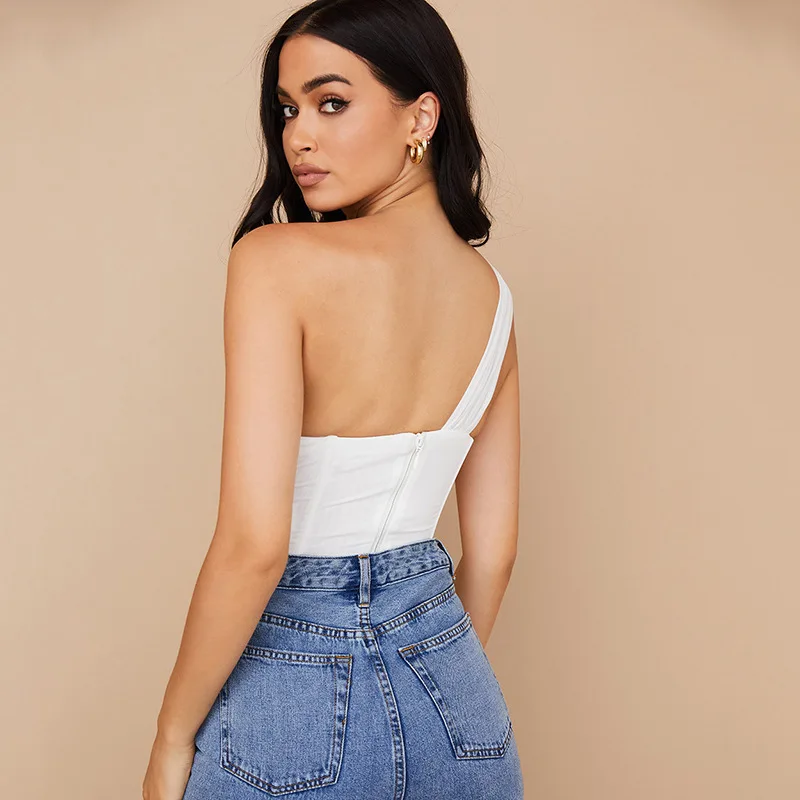 

Sexy One Shoulder Hollow Out Crop Tops For Women Fashion Backless Bodycon Summer Corset Top Ladies Chic White Slim Camis