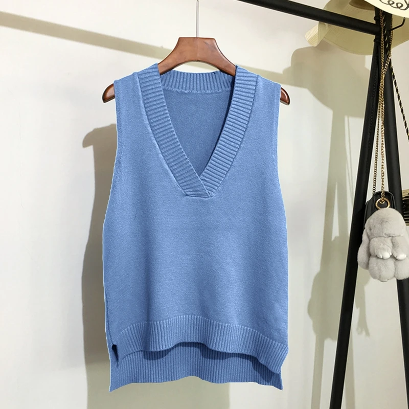 

Women Sexy V-Neck Knitted Sleeveless Vest Solid Color High Low Asymmetric Sweater Casual Loose Autumn Pullover Jumper Tank Top