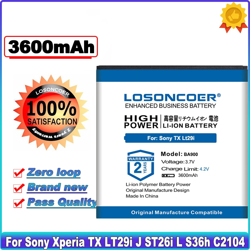 Аккумулятор LOSONCOER 3600 мАч BA900 для Sony Ericsson Xperia TX LT29i J ST26i L S36h C2105 E1 M C2104 C1904 C1905 SO-04D AB-0500 |