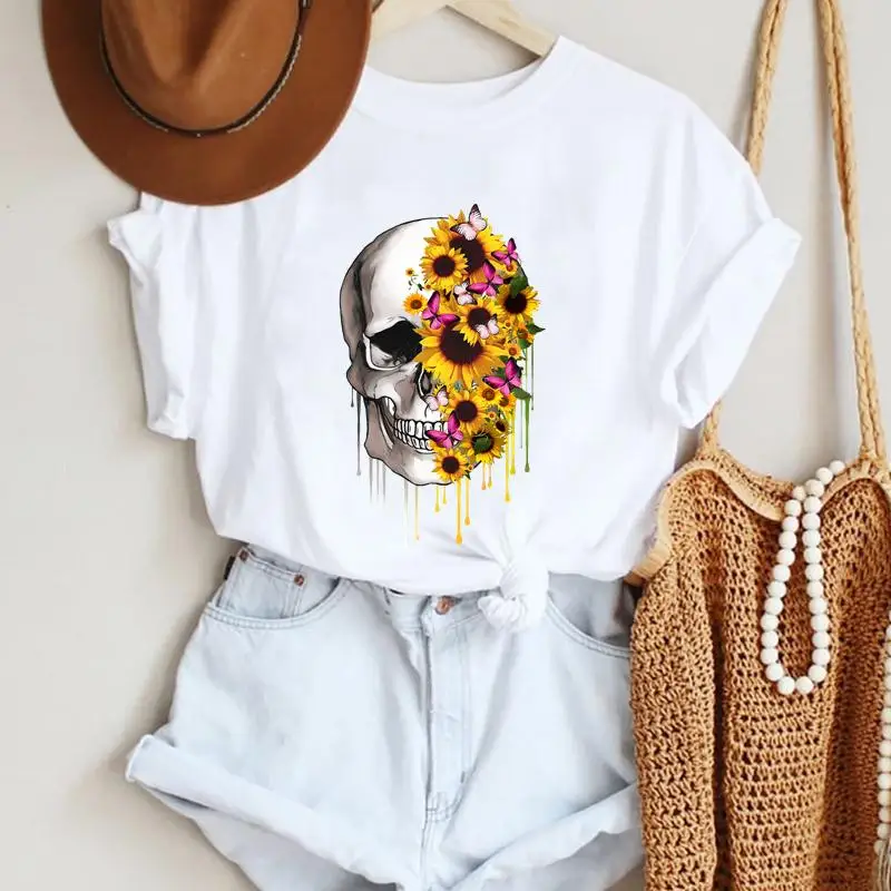 

Women Thanksgiving Happy Halloween Autumn Fall T Fashion Skull New 90s Clothes Graphic Tee Top Tshirt Print T-Shirt
