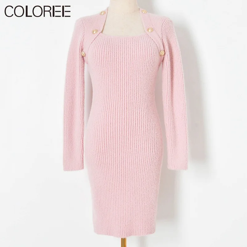 

Женское трикотажное платье-свитер, модельное дизайнерское облегающее платье розового и синего цвета с золотыми пуговицами, зима 2022