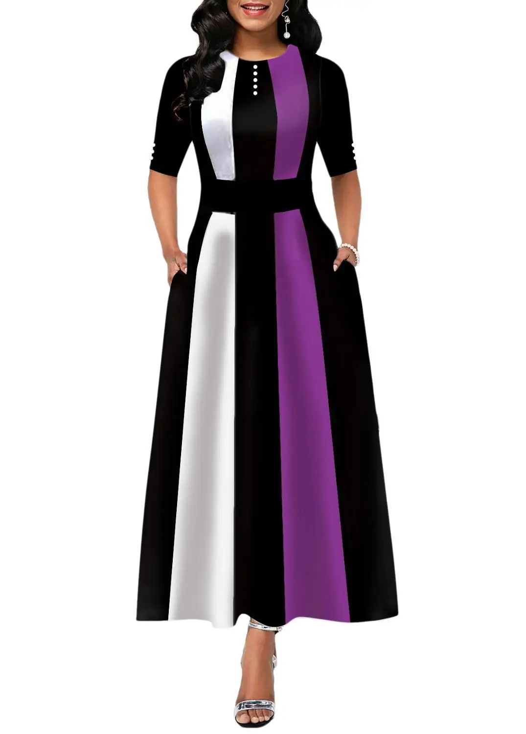 

Ladies Fashion Half Sleeve Dress Women Elegant Round Collar Geometric Printing Splicing Temperament Maxi Dress For Ball Party