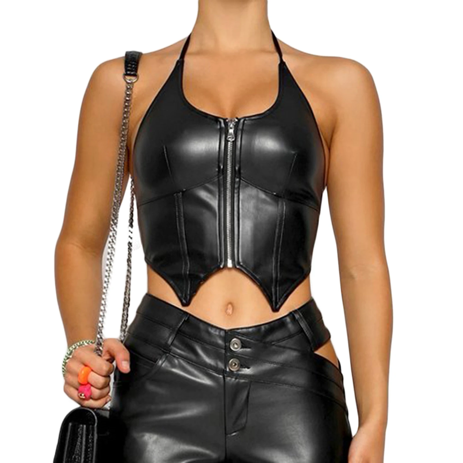 

Hirigin 2021 Women Summer Sexy Halter Neck Tanks Black Solid Color Sleeveless Zipper Closure Crop Tops Streetwear