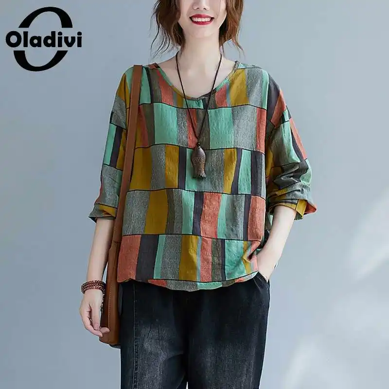 

Блузка Oladivi Женская в стиле оверсайз, повседневная хлопково-льняная рубашка в клетку с принтом, Свободный Топ, большие туники, весна 2021