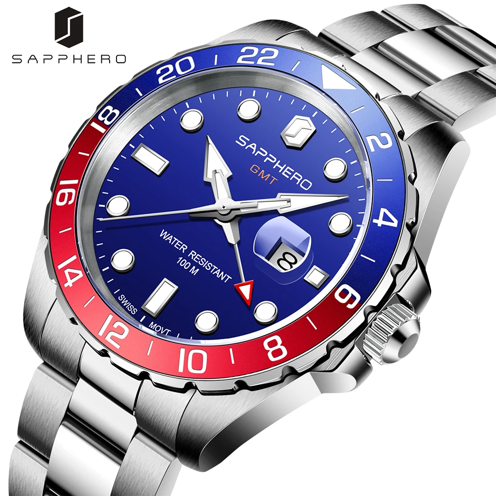 Mens Watch SAPPHERO 100M Waterproof Swiss Quartz Movement GMT Wristwatch Stainless Steel Case Classic Luxury Clock Montre Homme