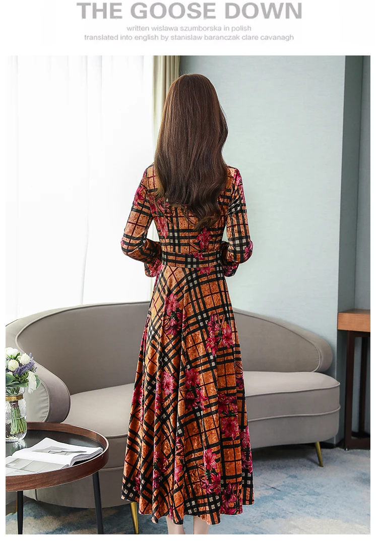 Vintage Floral Velvet Maxi Dresses Autumn Winter 3XL Plus Size Long Sleeve Midi Dress Elegant Women Bodycon Party Vestidos