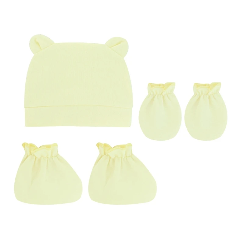 

2022 New Baby Anti Scratching Soft Cotton Gloves Cute Ears Hat Set Infants Newborn Mittens Beanies Kit for Todddles