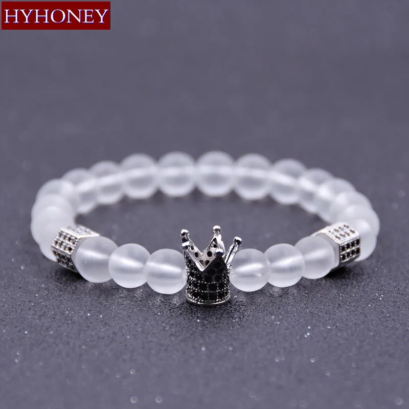 HYHONEY микро паве CZ Корона Шарм-браслет белый матовый браслеты с бусинами из