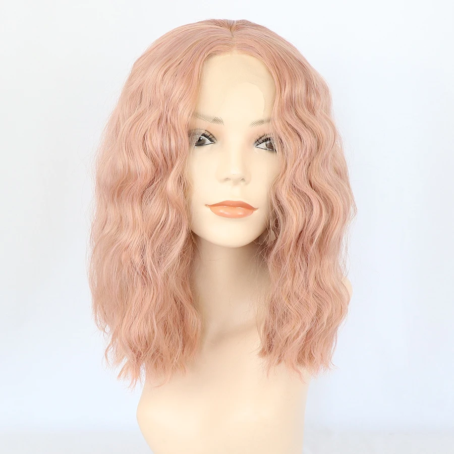 Lolita Cosplay Wig Synthetic Lace Front Wig Water Wave Pink Color Wig Natural Hair Short Bob Wig HD Lace Frontal Wigs for Women