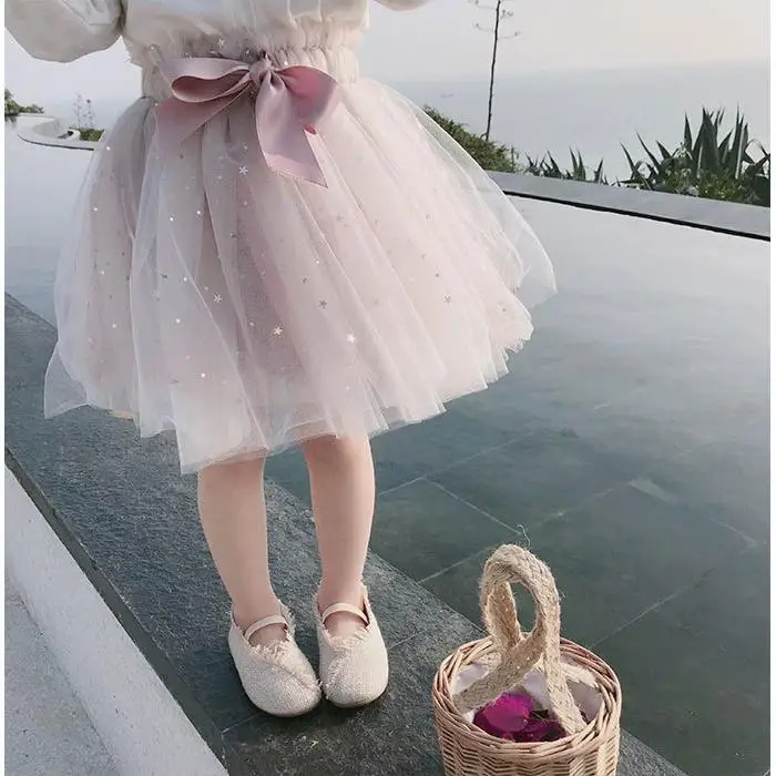 

2021 Korean Girls Star Bow Belt Glitter Tutu Skirt Sequin mesh bowknot Tulle Toddler skirt Children princess cute dance Skirt
