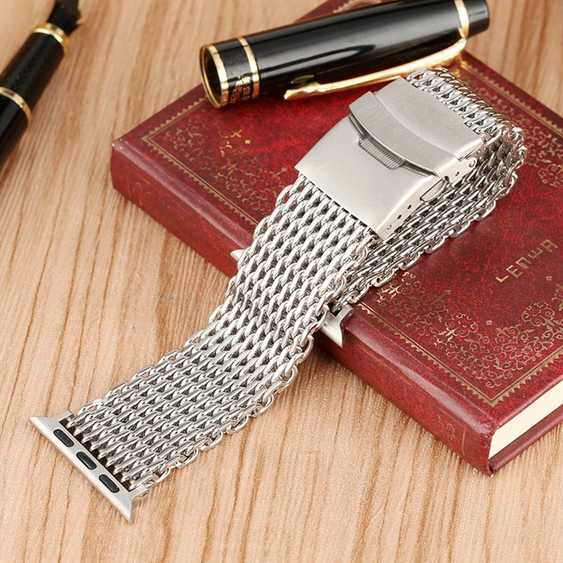 Миланская Акула, сетчатый ремешок для часов Apple Watch, 42 мм, 38 мм, металлический ремешок для браслетов, серебристая пряжка, Роскошные браслеты из нержавеющей стали