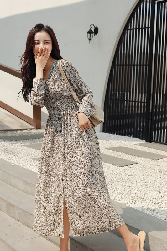 

YAMDI korean vintage high waist long sleeve v neck a-line party dress women print spring summer elegant woman 2020 dresses midi