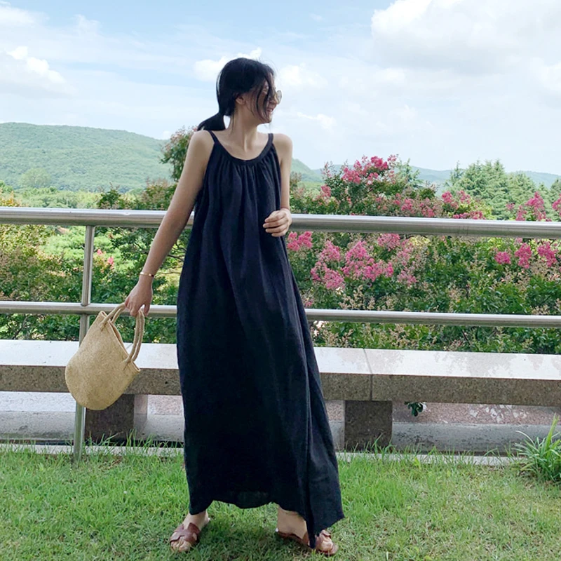 

Minimalist Sleeveless Loose Ankle Length Dress Women Elegant Casual Vintage Dresses Female Korean Spaghetti Strap Clothing