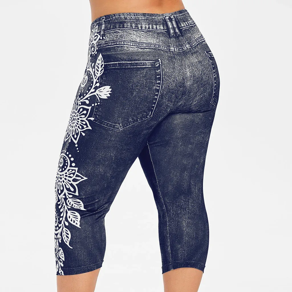 Женские леггинсы до середины икры имитирующие джинсы с принтом Yo ga Стрейчевые