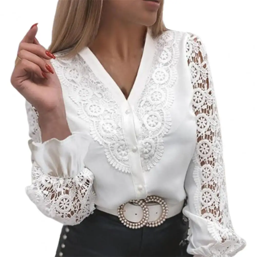

Elegant Women Shirt Solid Color Lace Patchwork Spring Summer Autumn Single-breasted Stand Collar Office Lady Blouse for Dating