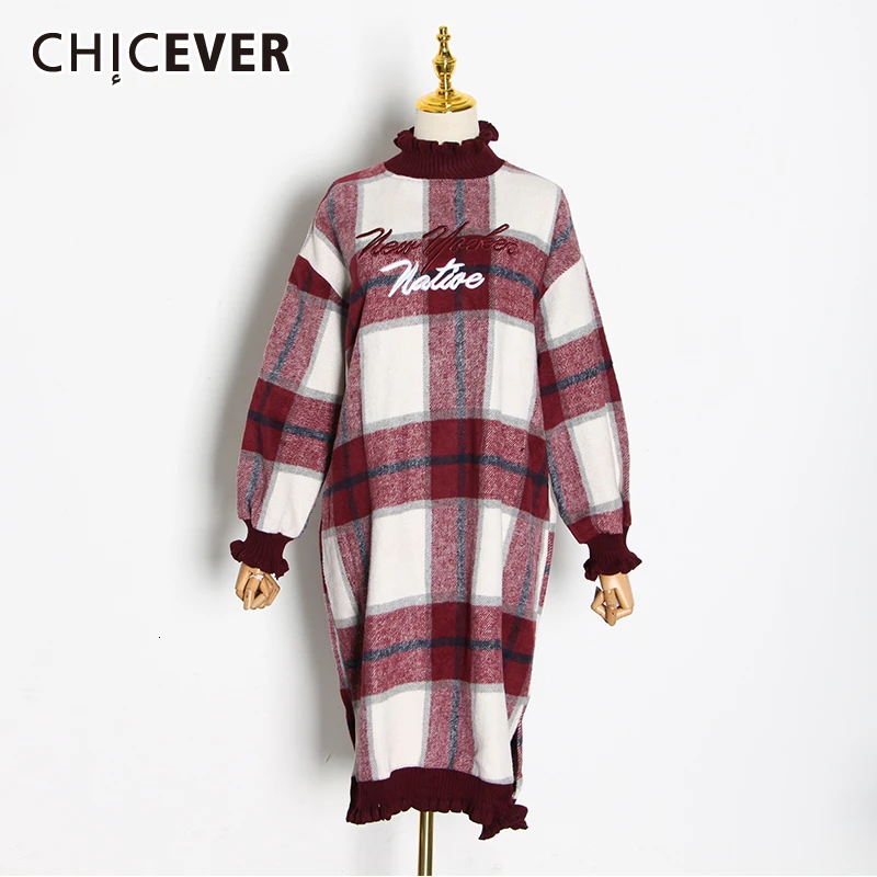 Женское клетчатое платье CHICEVER свободное миди большого размера с воротником