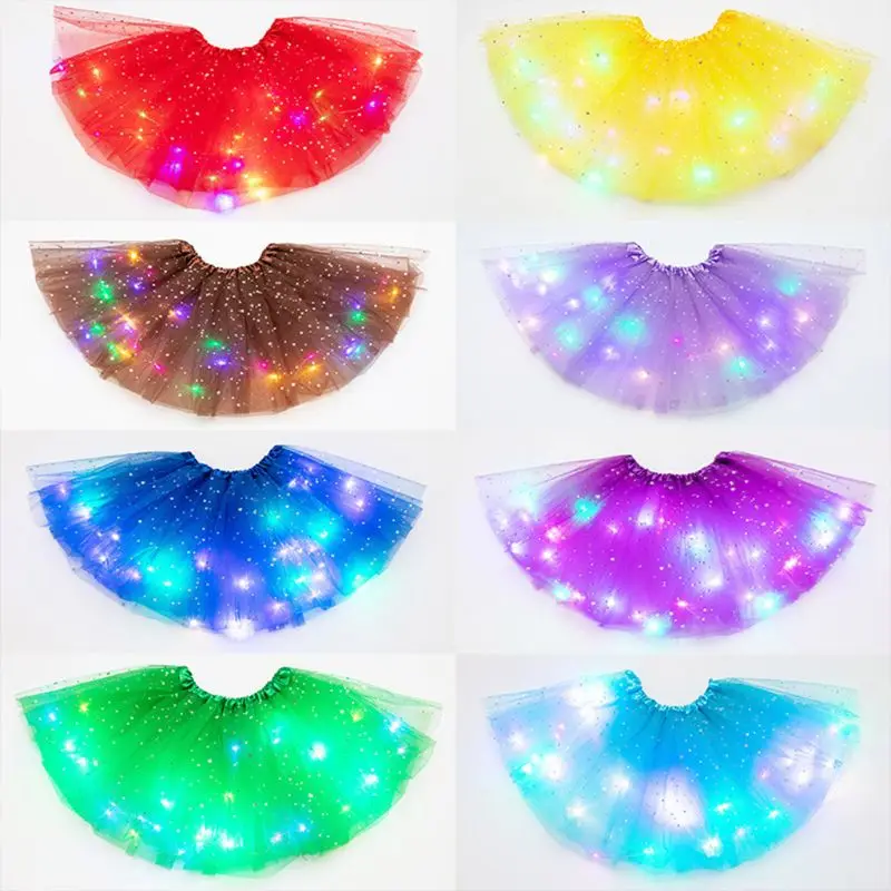 

Women Girls Starry Sky Star Sequins Tutu Skirt LED Light Up Neon Colorful Layered Tulle Ballet Dance Party Short Dress