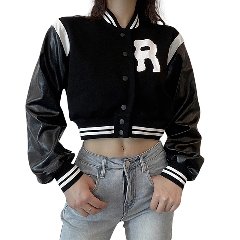 

Женская Короткая кожаная куртка, Кардиган с длинным рукавом и воротником-стойкой, с буквенным и полосатым принтом для взрослых