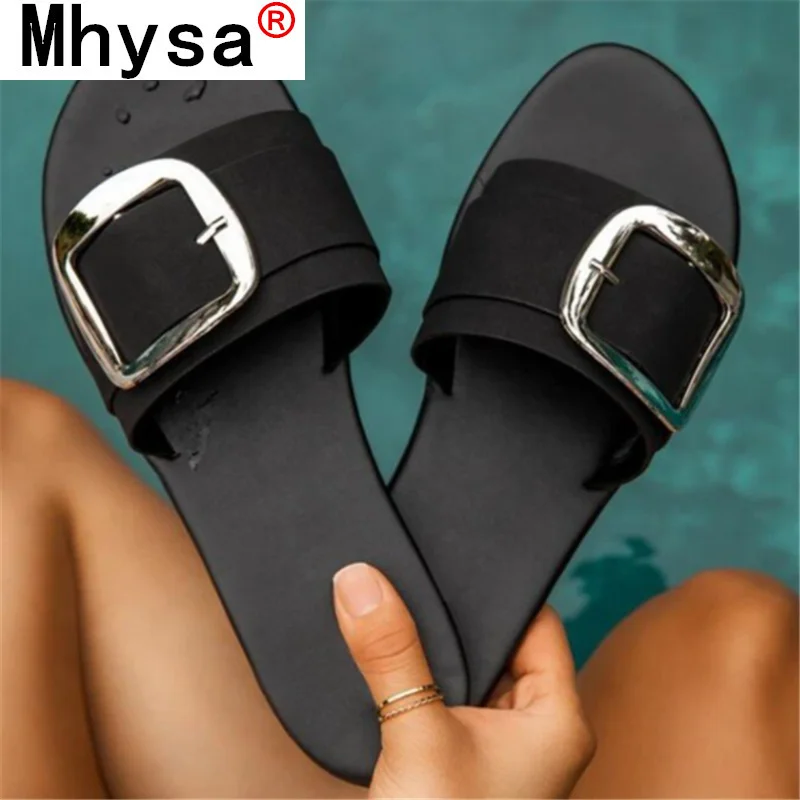

2021 Summer Women's Sandals Fashion Retro Metal Buckle Leopard Women Sandals Outdoor Beach Open Toe Flat Slipper Zapatos Mujer