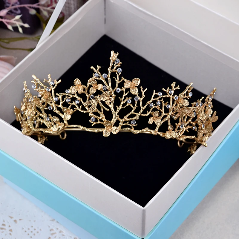 

Vintage Gold Baroque Wedding Bridal Crown Hair Accessories Dragonfly Tiara Bridesmaid Girls Rhinestones Headdress Crown Headband