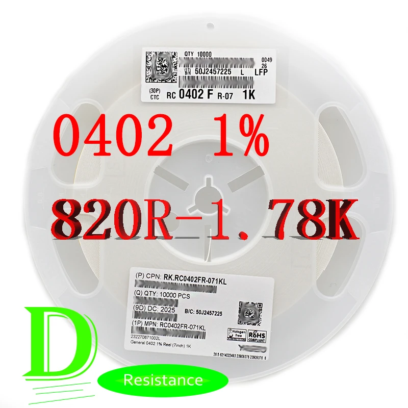 100PCS SMD Резистор серии RC 0402 1% оригинальный RC0402FR-07 серии 820R-1.78K Все резисторы 820R 910R 1K 1,1 K 1,2 K 1,3 K 1,5 K 1,6 K