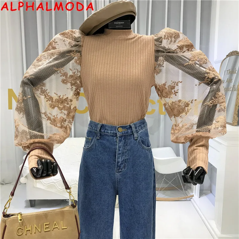 Женская футболка в стиле пэчворк ALPHALMODA с кружевными пузырьковыми рукавами на