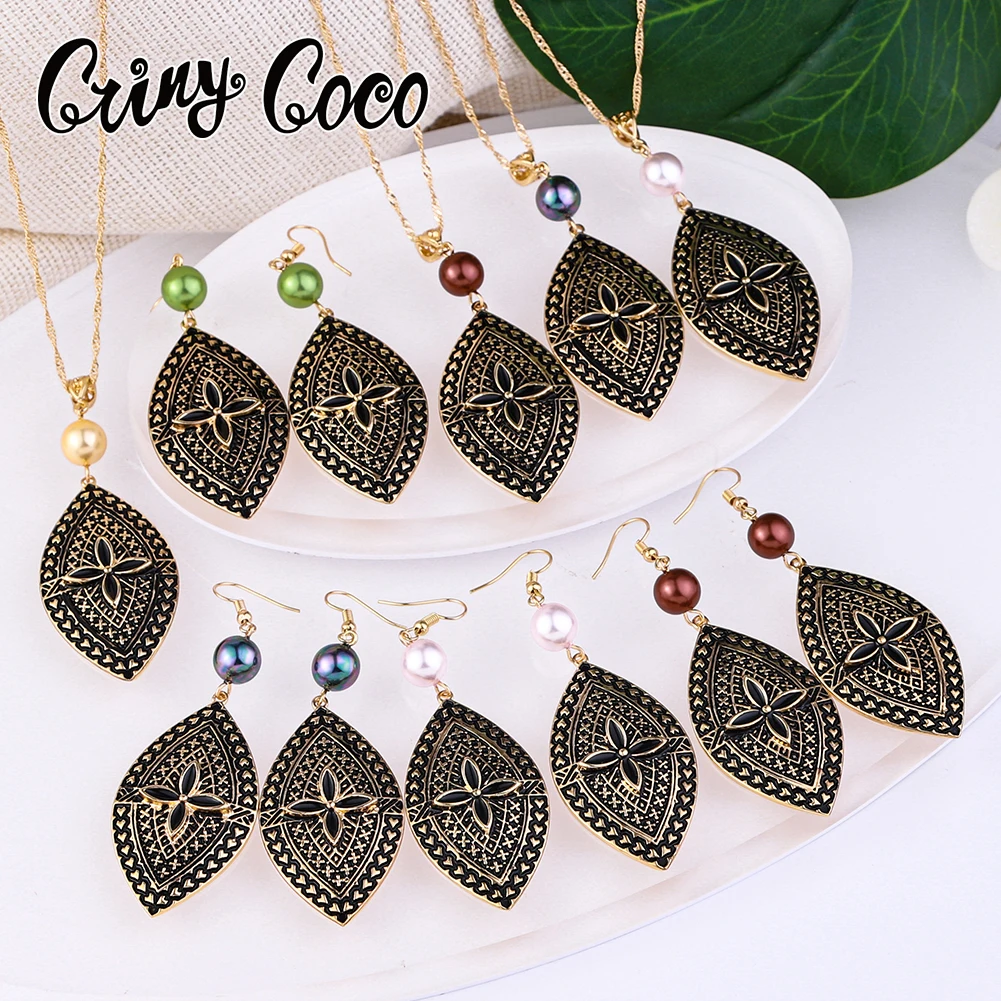 

Cring Coco Trendy Enamel Jewelry Sets Hawaiian Polynesian Zinc Alloy Pearl Unusual Earrings Necklaces Set for Women Girls Party