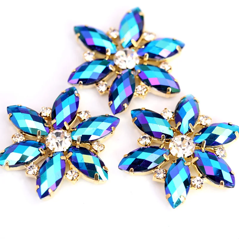 3.5x3.5cm Crystal AB Navette Round Sewing On Rhinestone Applique 1 Pcs Gold Base Sew Rhinestones Wedding Dress B0988 | Дом и сад