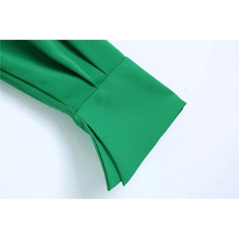 

Evfer Women 2021 Fashion Front Knotted Za Green Short Shirts Female Casual Turn-Down Collar Long Sleeve Summer Slim Chic Tops