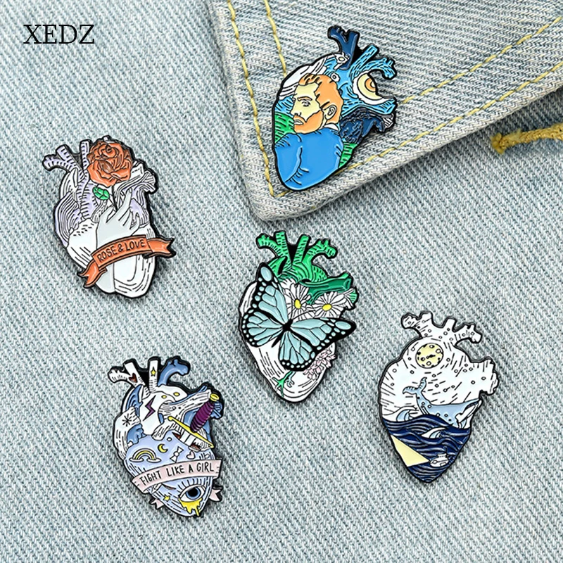 XEDZ Ван Гог роза цветок Бабочка узор сердце эмалированная брошь модная Личность
