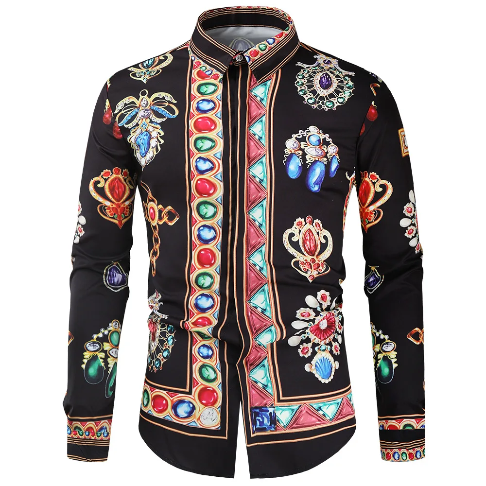 

New Fashion Mens Floral Shirts Luxury Print Designer Dress Shirts Fancy Slim Casual Club Style Long Sleeve Button Lapel Shirt