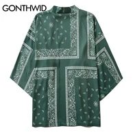 gonthwid cashew flowers print kimono cardigan green shirts jacket hip hop streetwear jackets men casual open front coats tops
