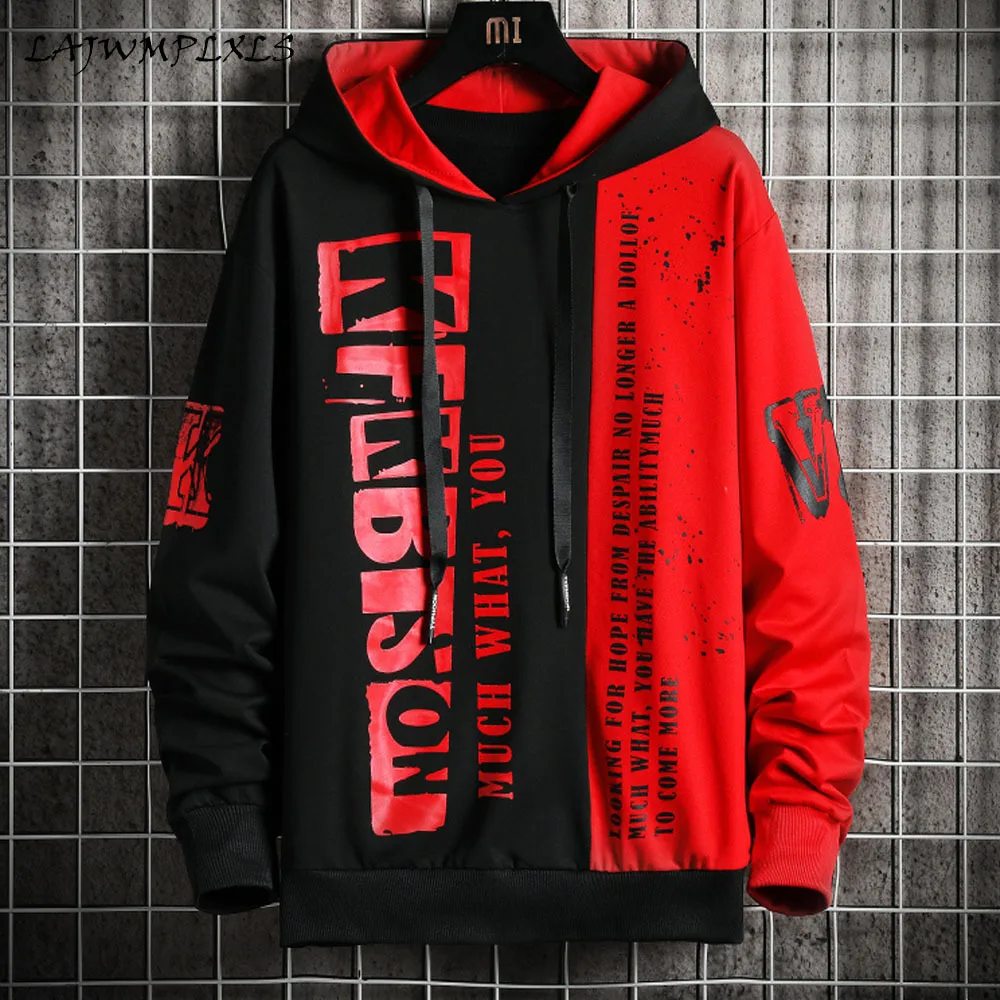 

Streetwear Men Hoodie 2021 New Letter Print Hooded Sweatshirts Mens Patchwork Hip Hop Hoodies High Street Fashion Tops Men