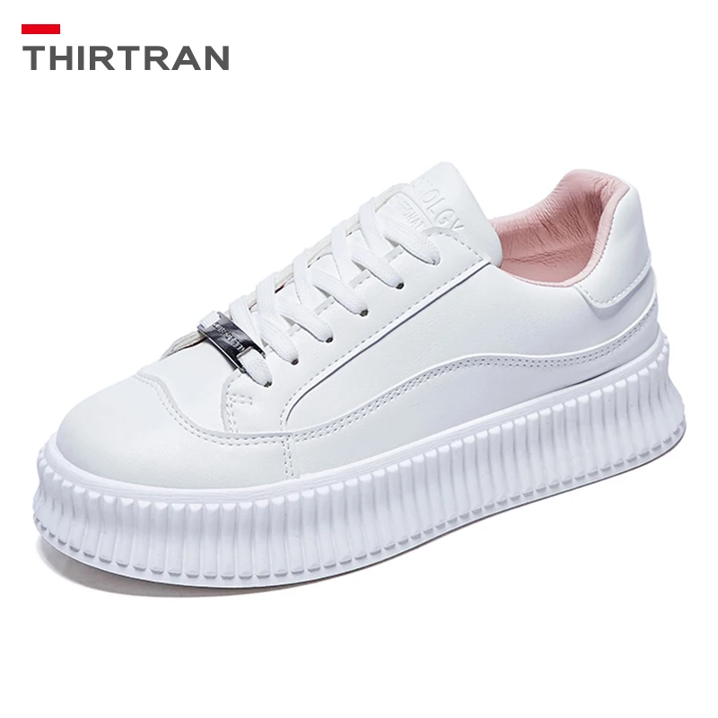 

THIRTRAN Women Casual Flats Shoes Brand Design Female Platform White Sneakers Fashion Lace-up Winter Thick Bottom Sneakers Woman