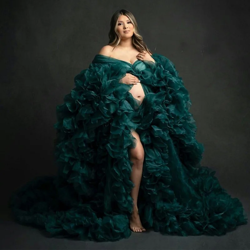 

Puffy Green Pregnant Women Dress Sexy Photograph Robes Sleepwear Ruffles Long Robe Tiered Gown Bathrobe Sleep Nightdress Femme