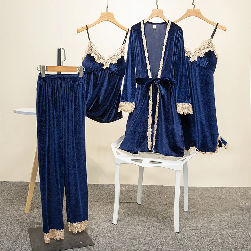 

Autumn Winter Pajamas Set Women Lace 4PCS Sleepwear Sexy V-neck Bathrobe Gown Velvet Robe Suit Femme Loungewear Home Clothes