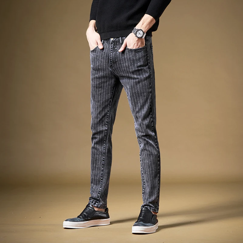 Мужские джинсовые брюки, серые зауженные брюки в полоску, повседневные,Осенние, 2019