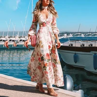 deep v long sleeve printed dress spring summer clothes for women middle waist ankle length a line skirt temperament commute