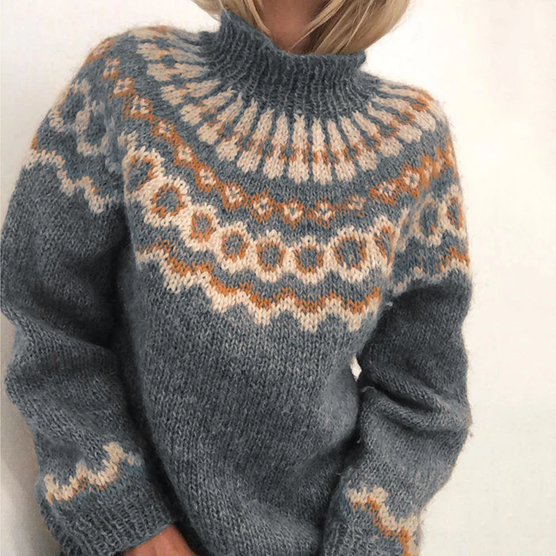 

Chic Autumn Winter Women's Turtleneck Knitted Sweater Long sleeve Solid Geometric Patterns Warm Loose Casual Pullovers Sweater
