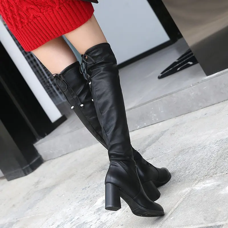 

New high-heeled pointed boots, women's thick heel fashion boots, solid color over the knee Knights' boots in autumn and