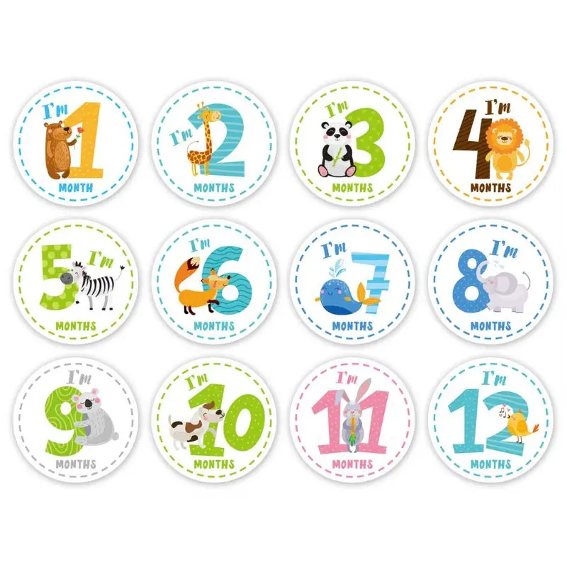 

12 Baby Milestone Stickers Monthly Photo Picture Props For Boy or Girl Infant Onesie, 1st Year Months Belly Decal