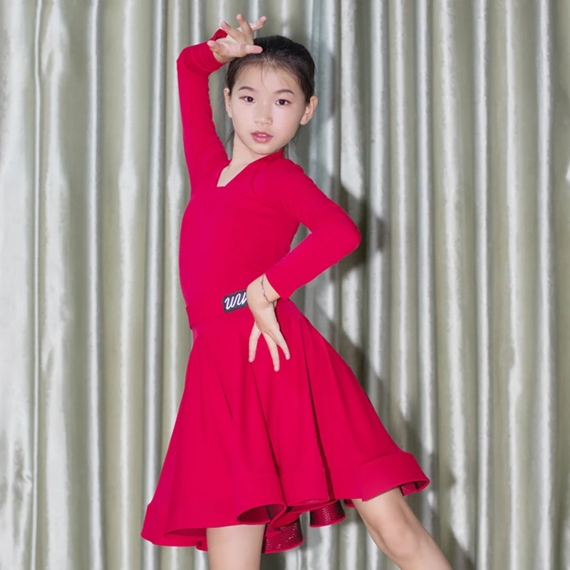 

Kids Latin Dance Dresses Autumn Long Sleeve Red Dress Girls Competition Costume Standard Cha Cha Samba Training Clothes DNV13962