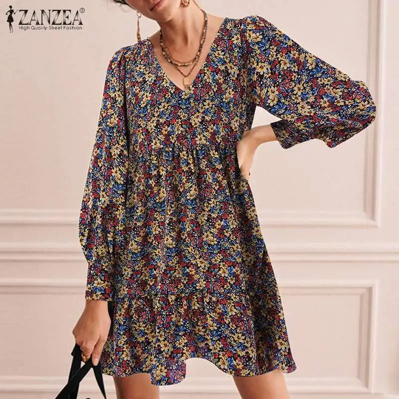 

Bohemian Holiday Sundress Women V Neck Floral Printed Loose Mini Dress 2021 ZANZEA Vintage Long Sleeve Casual Beach Vestidos