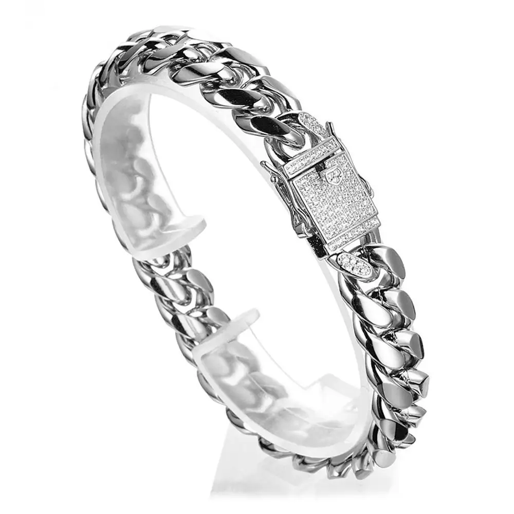 

12mm Not Fades Stainless Steel Silver Color Miami Curb Cuban Chain Bracelet Wristband With Crystal Clasp Men Women Jewelry 7-11"