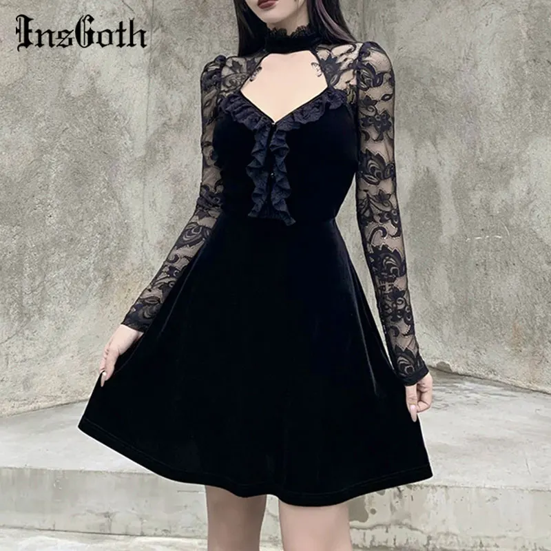 InsGoth в винтажном стиле Пикантные открытые Платье черного цвета готическом