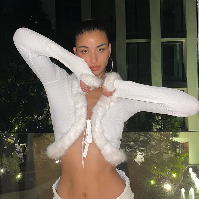 

2021 Fashion Autumn Furry White Tops Cardigan Lace Up Sexy Long Sleeve Tops Y2k Patchwork Low Cut Slim Outerwear Ribbed Elegant