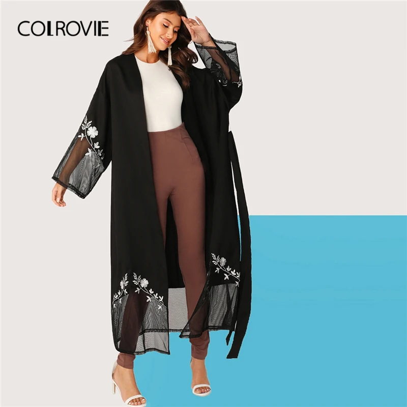 COLROVIE/черное открытое переднее Сетчатое цветочное кимоно с вышивкой, женские повседневные удлиненные Топы, осенняя женская верхняя одежда с поясом